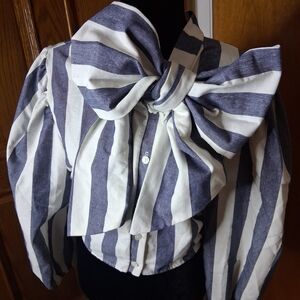 Striped Bow Front Blouse in Denim and White